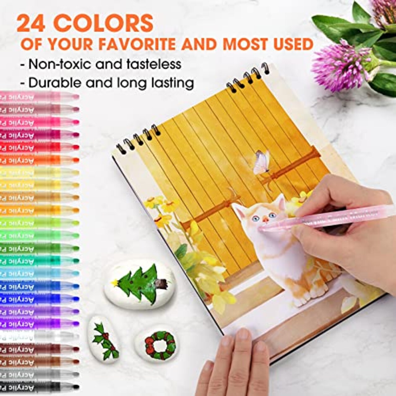 24 Colors Acrylic Paint Pens Markers- Waterproof Paint Pens for Rock Painting,Graffiti, Stone, Ceramic, Glass, Wood, Fabric, Canvas, Porcelain, Metal,Pumpkins,Water Based Quick Dry Non-Toxic No Odor